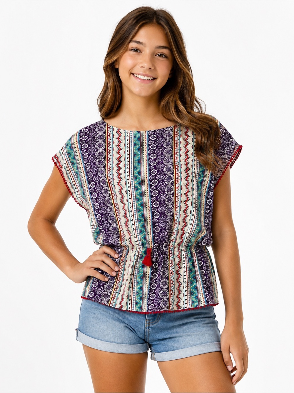 Girls Pink NWT 14/16 Multicolor Boho Print Pom Pom Trim Tassel Top
